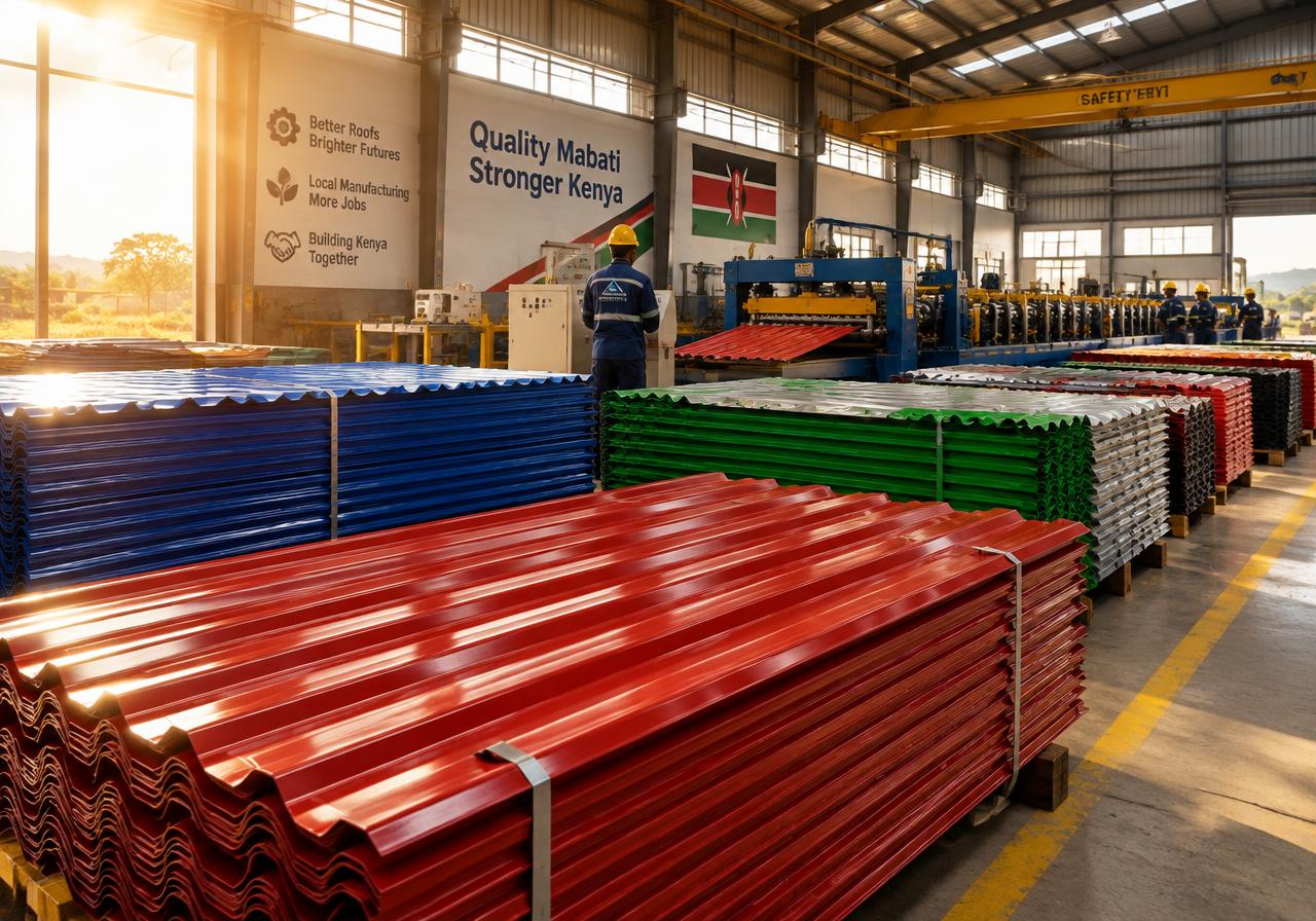 Illustrative stacks of colourful mabati roofing sheets